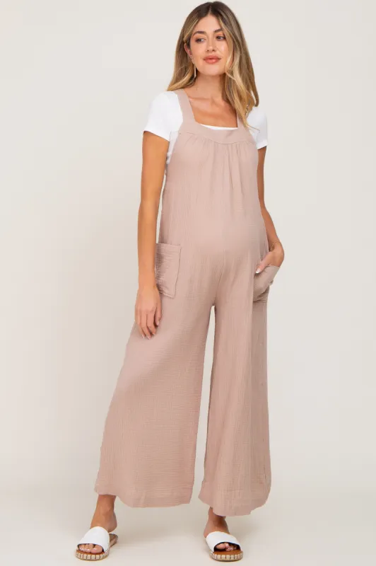 Taupe Wide Leg Tie Back Maternity Overalls sold by Pinkblush