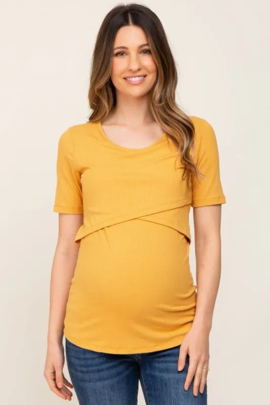 Yellow Ribbed Wrap Front Maternity/Nursing Top sold by Pinkblush