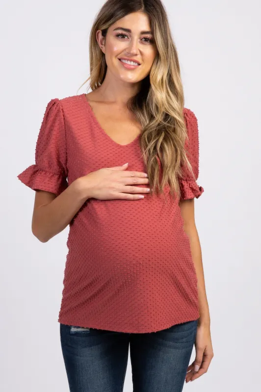 Mauve Swiss Dot Puff Ruffle Short Sleeve Maternity Top sold by Pinkblush