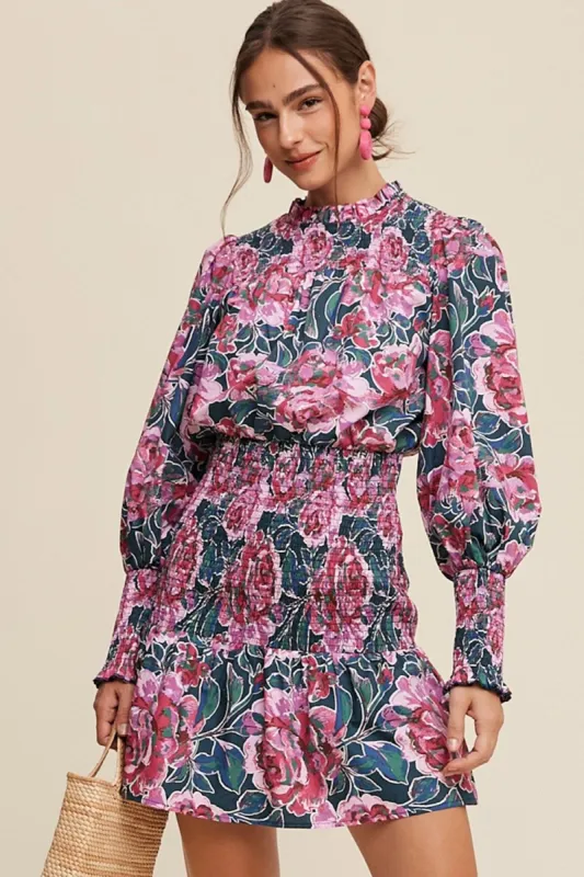 Hunter Green Flower Print Puff Sleeve Smocked Skirt Dress sold by Pinkblush