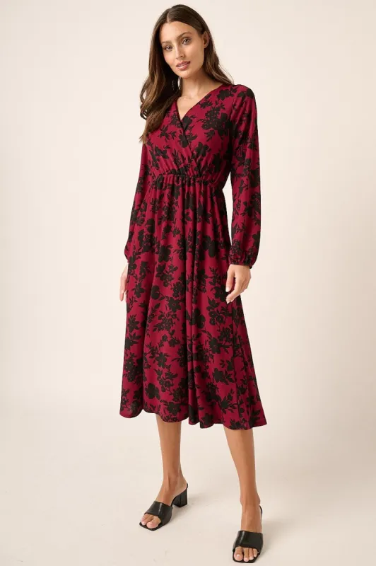 Magenta Flower Print Long Sleeve Surplice Midi Dress sold by Pinkblush