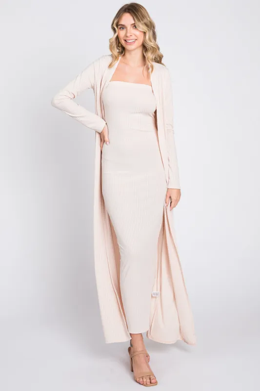 Cream Ribbed Sleeveless Dress Cardigan Set sold by Pinkblush