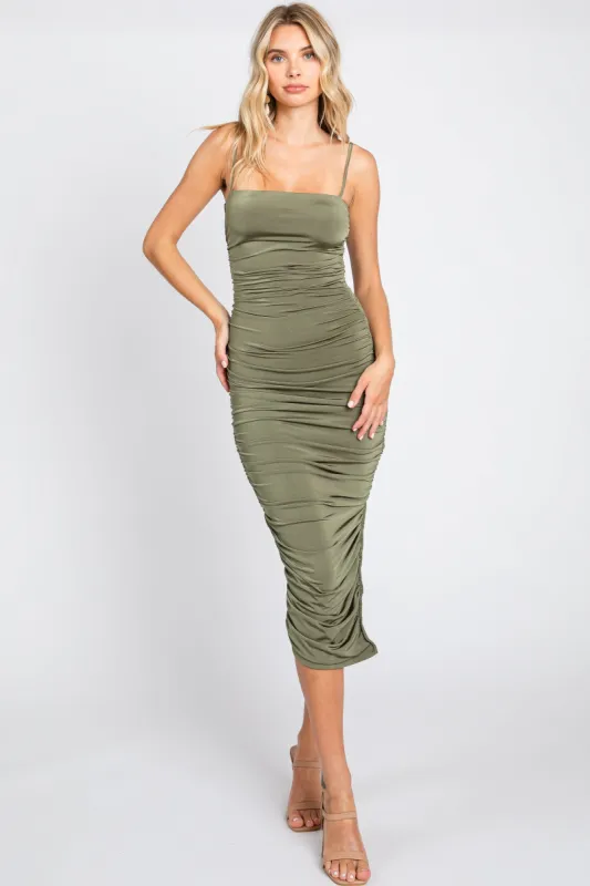Olive Ruched Side Slit Midi Dress sold by Pinkblush