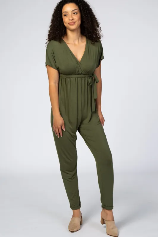 Olive Wrap Tie Jumpsuit sold by Pinkblush