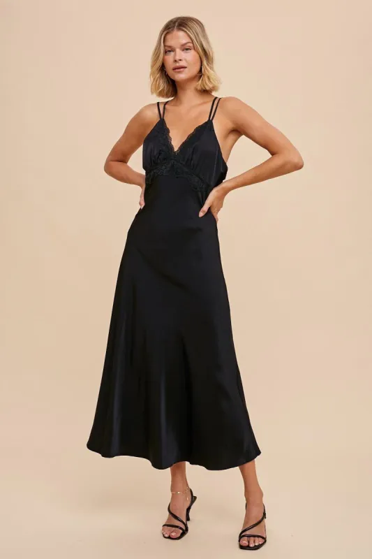 Black Matte Satin Lace Slip Dress sold by Pinkblush