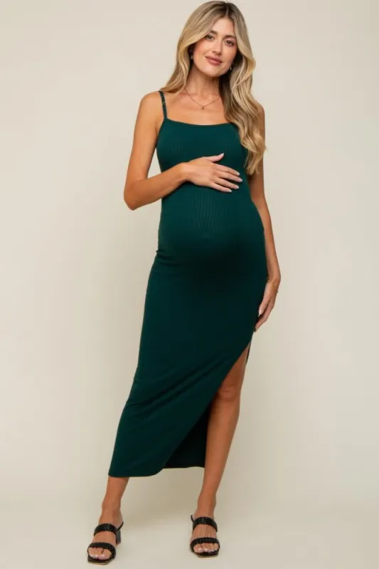 Forest Green Ribbed Side Slit Maternity Midi Dress sold by Pinkblush