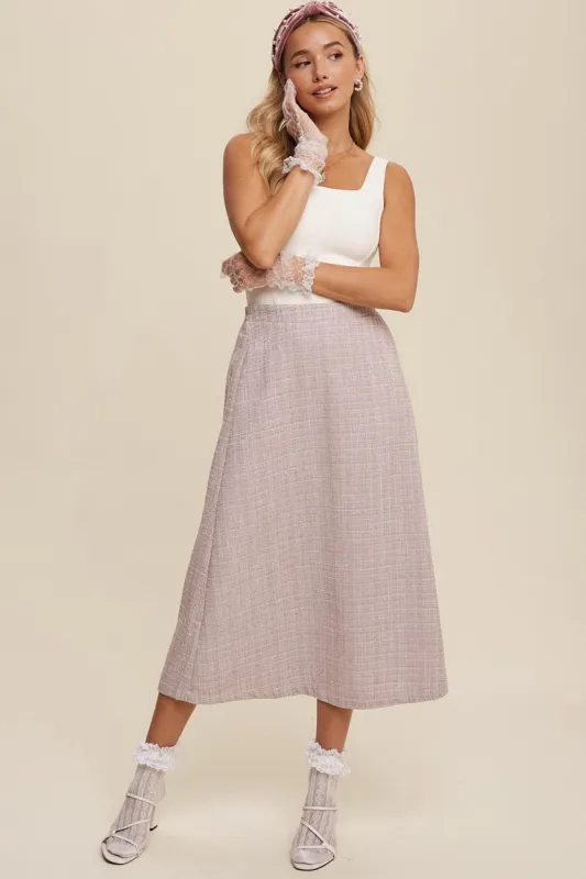 Mauve Plaid Tweed A-Line Maxi Skirt sold by Pinkblush