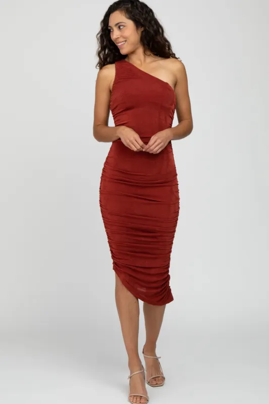Rust One Shoulder Ruched Side Midi Dress sold by Pinkblush