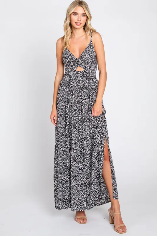 Black Floral Print Front Cutout Side Slit Maxi Dress sold by Pinkblush