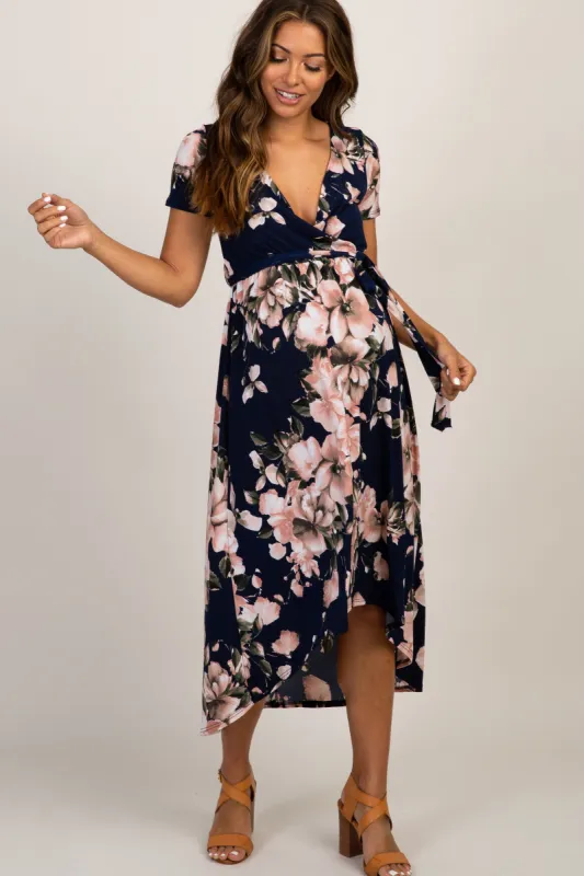 Navy Floral Hi-Low Maternity Wrap Dress sold by Pinkblush