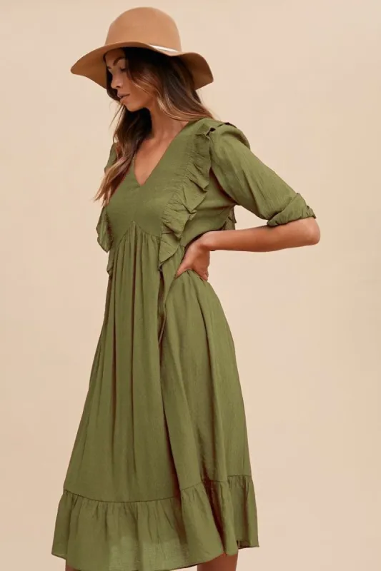 Olive Ruffle Detail Babydoll Woven Midi Dress sold by Pinkblush