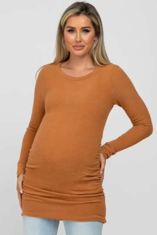 Camel Soft Knit Ruched Maternity Top sold by Pinkblush