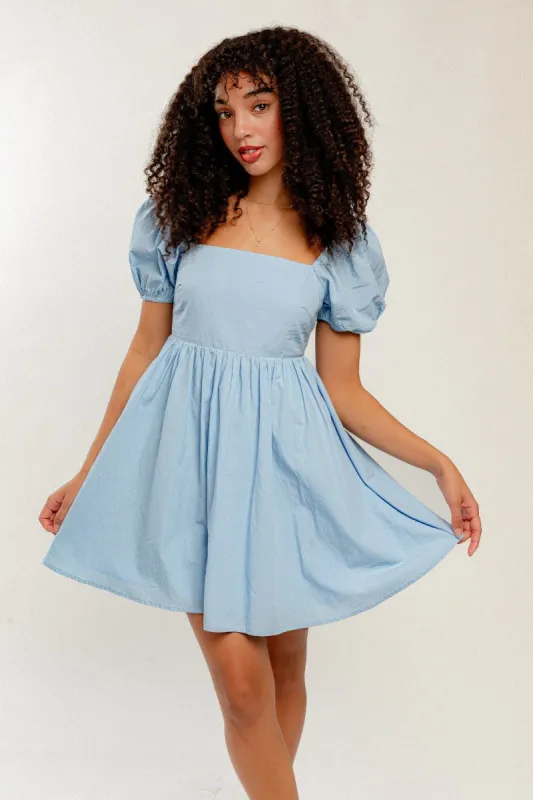 Blue Puff Short Sleeve Backless Babydoll Mini Dress sold by Pinkblush