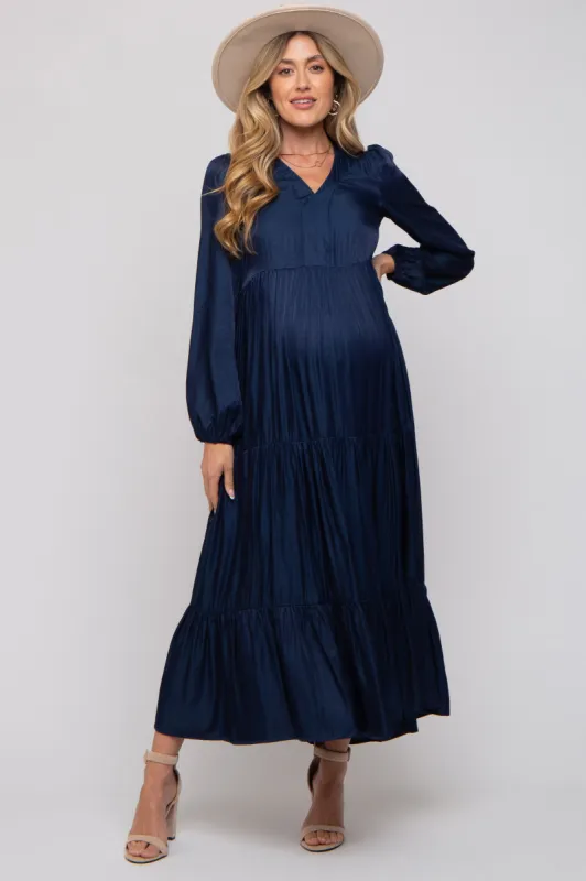 Navy Blue Satin Tiered Maternity Midi Dress sold by Pinkblush
