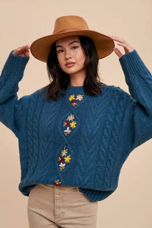 Emerald Teal Floral Embroidered Sweater sold by Pinkblush
