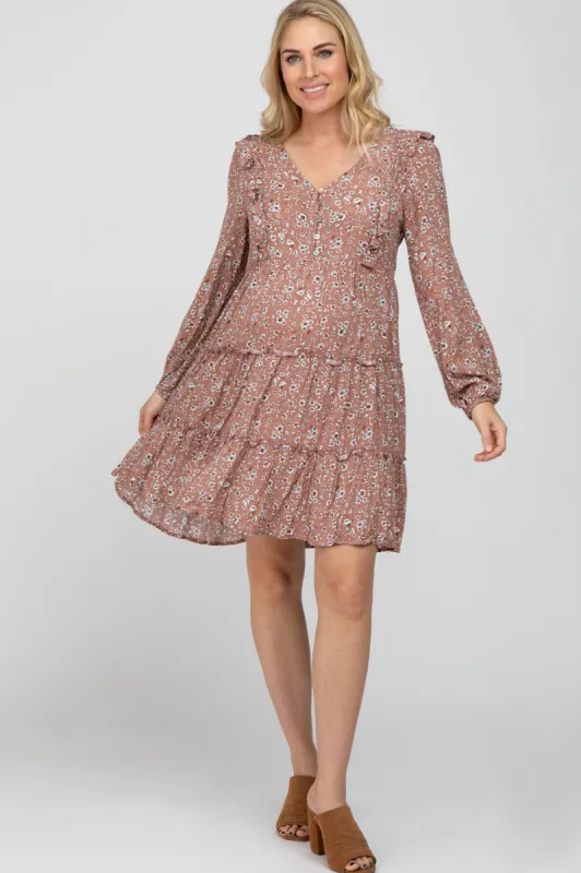 Mauve Floral Ruffle Tiered Maternity Dress sold by Pinkblush
