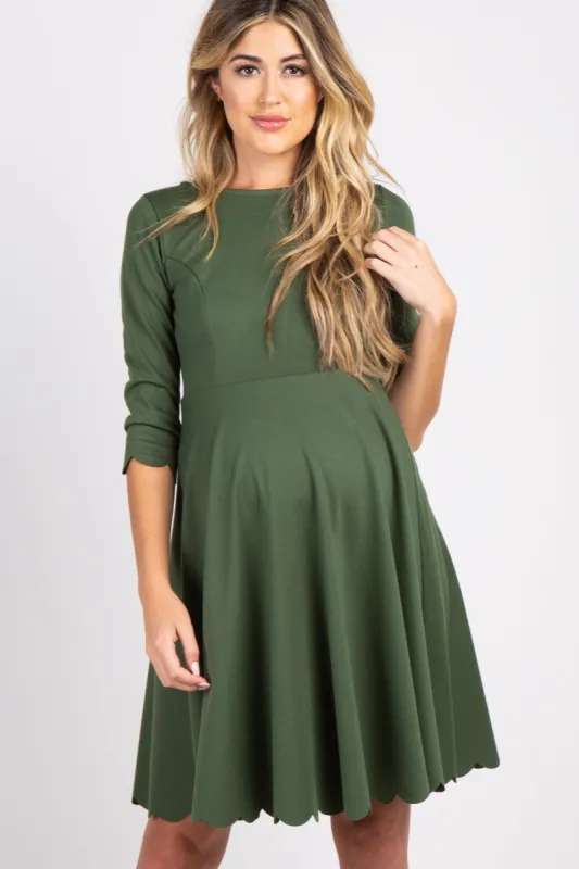 Olive Solid Scalloped Hem Maternity Dress sold by Pinkblush