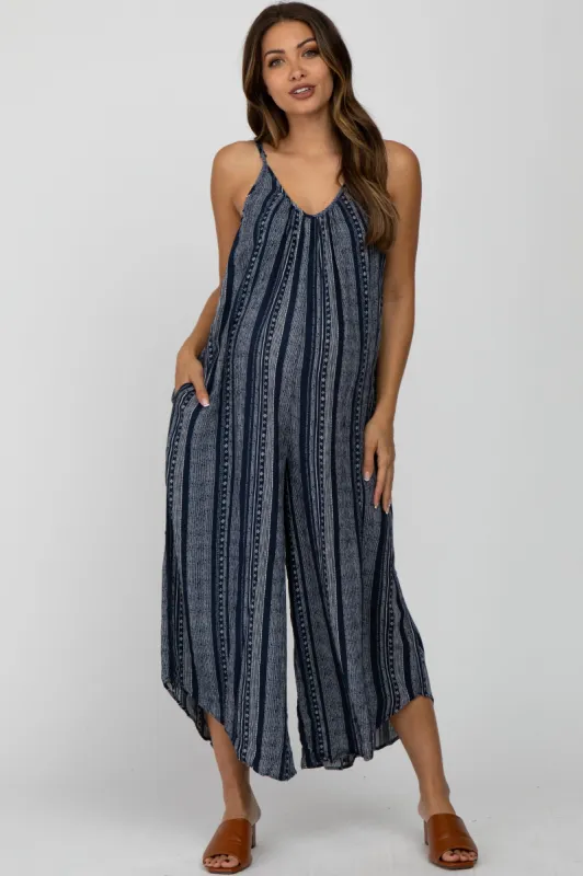 Navy Blue Printed Stripe Maternity Jumpsuit sold by Pinkblush
