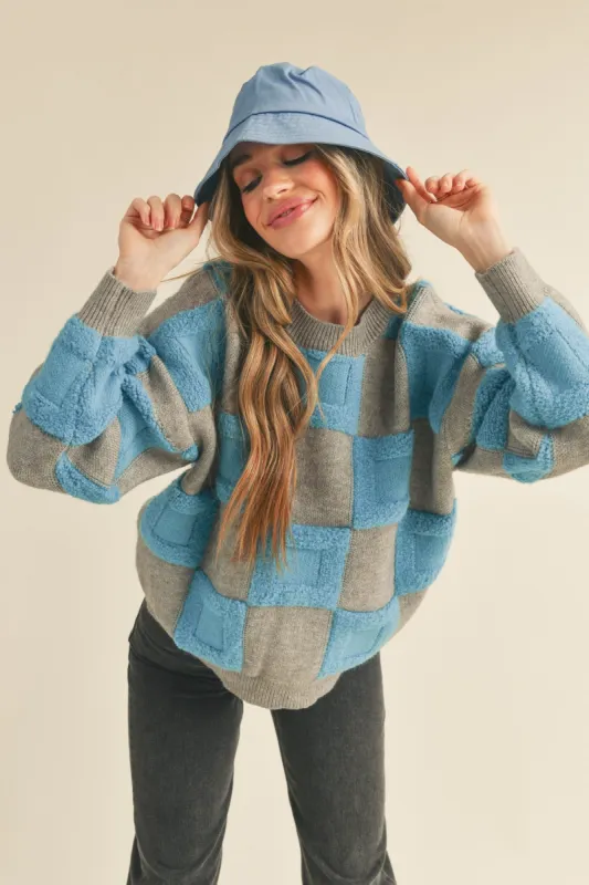 Grey Blue Textured Checkered Sweater Pullover sold by Pinkblush