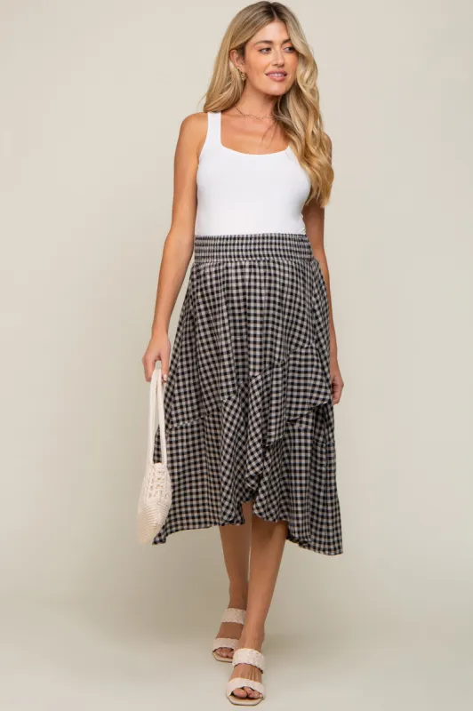 Black Plaid Ruffle Maternity Midi Skirt sold by Pinkblush