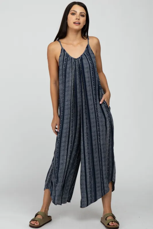 Navy Blue Printed Stripe Jumpsuit sold by Pinkblush