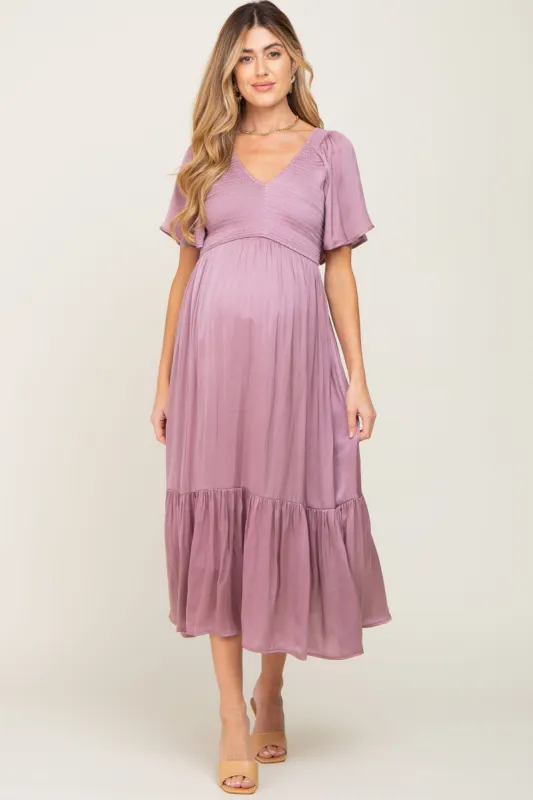 Mauve Satin Smocked Maternity Midi Dress sold by Pinkblush