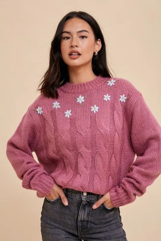 Mauve Floral Embroidered Cable Knit Sweater sold by Pinkblush