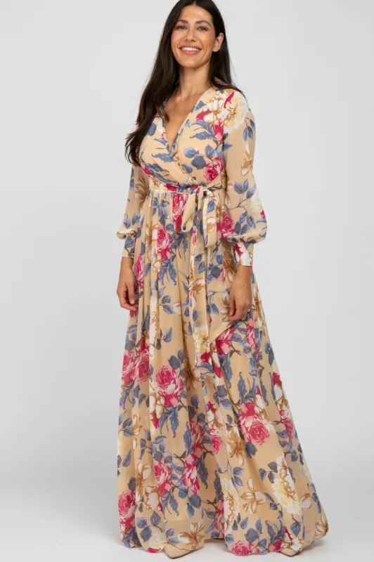 Beige Floral Chiffon Maxi Dress sold by Pinkblush