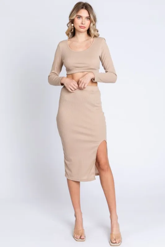 Beige Ribbed Long Sleeve Crop Top Skirt Set sold by Pinkblush