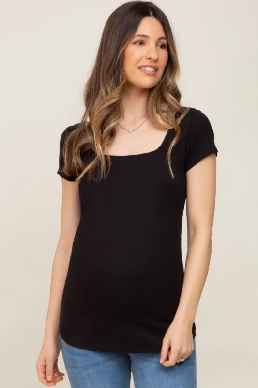 Black Ribbed Squared Neck Cap Sleeve Maternity Top sold by Pinkblush