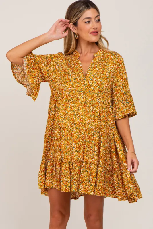 Yellow Floral Ruffle Sleeve Tiered Maternity Dress sold by Pinkblush