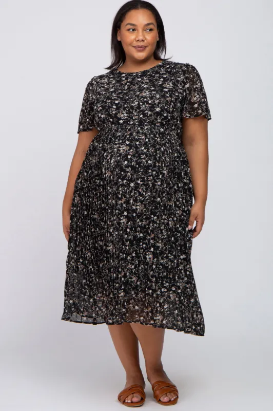 Black Floral Pleated Chiffon Maternity Plus Midi Dress sold by Pinkblush