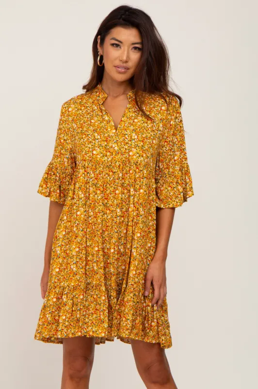 Yellow Floral Ruffle Sleeve Tiered Dress sold by Pinkblush