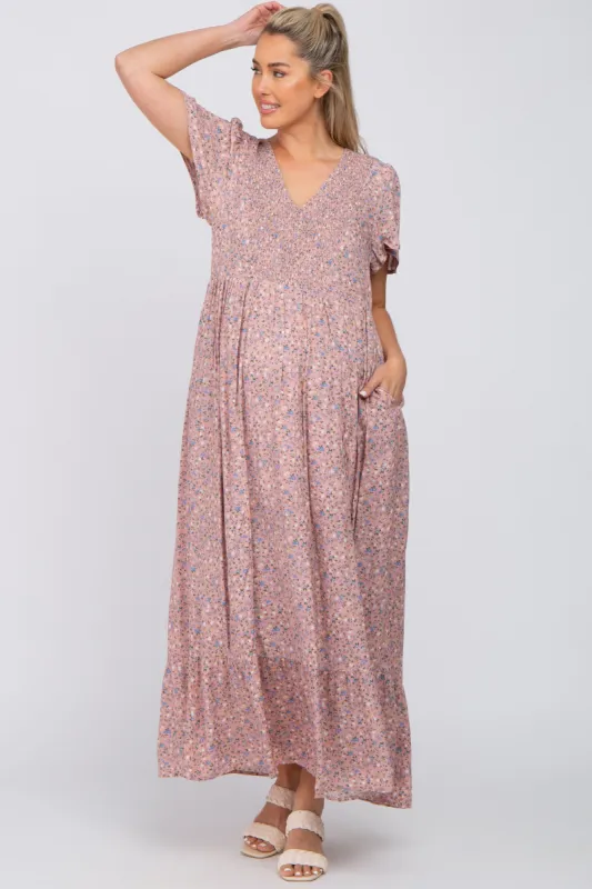 Pink Floral Smocked Front Ruffle Hem Maternity Maxi Dress sold by Pinkblush