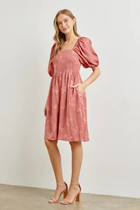 Mauve Textured Floral Square Neck Puff Sleeve Dress sold by Pinkblush