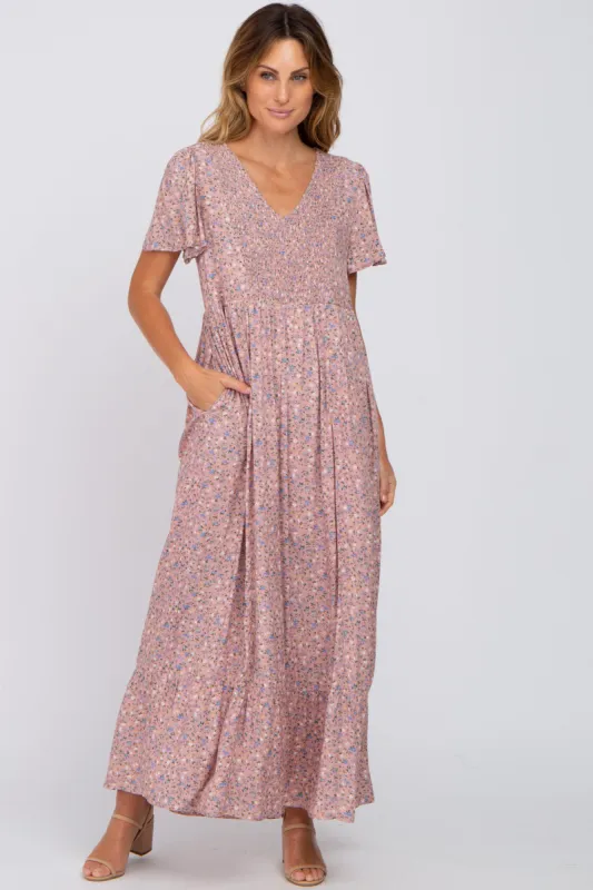 Pink Floral Smocked Front Ruffle Hem Maxi Dress sold by Pinkblush