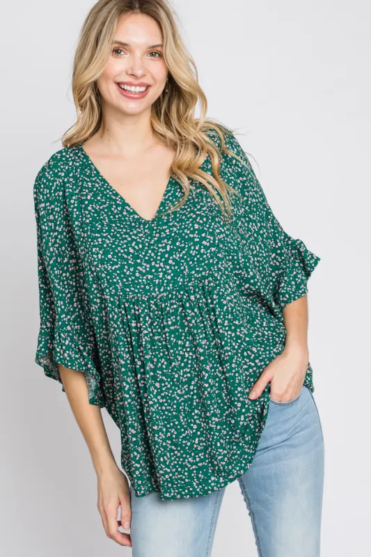 Emerald Green Floral Ruffle Dolman Sleeve Top sold by Pinkblush