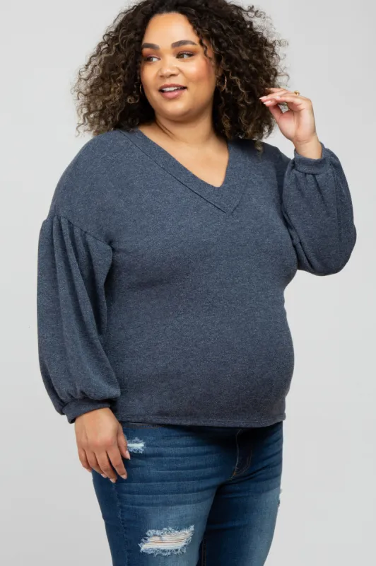 Charcoal Long Puff Sleeve Maternity Plus Top sold by Pinkblush