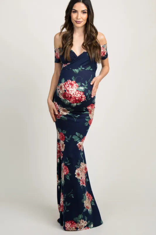 Navy Blue Floral Off Shoulder Wrap Maternity Photoshoot Gown/Dress sold by Pinkblush