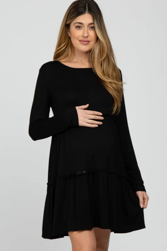 Black Long Sleeve Tiered Maternity Dress sold by Pinkblush