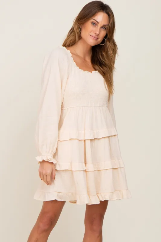 Ivory Smocked Ruffle Tiered Long Sleeve Dress sold by Pinkblush