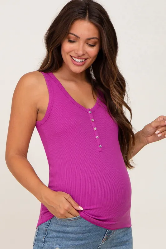 Magenta Ribbed Button Front Maternity Tank Top sold by Pinkblush