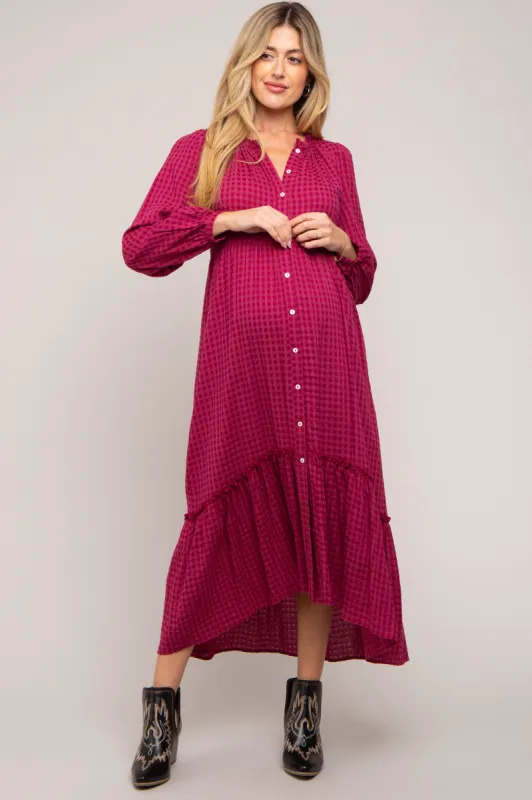 Magenta Gingham Button Maternity Midi Dress sold by Pinkblush