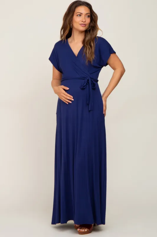 Navy Basic Maternity Wrap Maxi Dress sold by Pinkblush