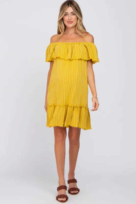 Mustard Striped Off Shoulder Frayed Maternity Dress sold by Pinkblush
