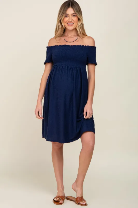 Navy Swiss Dot Off Shoulder Maternity Dress sold by Pinkblush