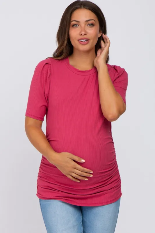 Magenta Ribbed Ruched Fitted Maternity Top sold by Pinkblush