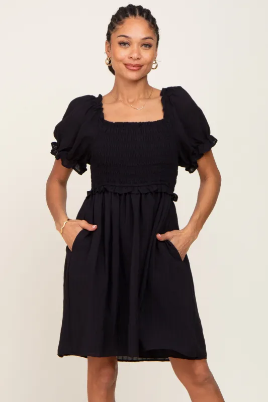 Black Smocked Puff Sleeve Dress sold by Pinkblush