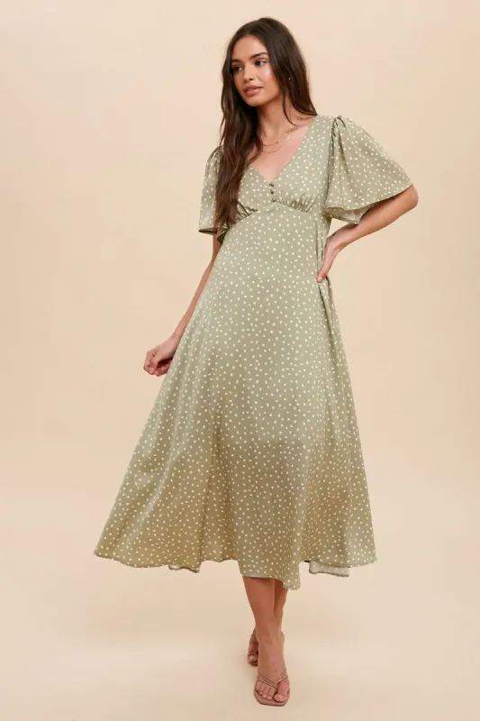 Sage Speckled Button Front Midi Dress sold by Pinkblush