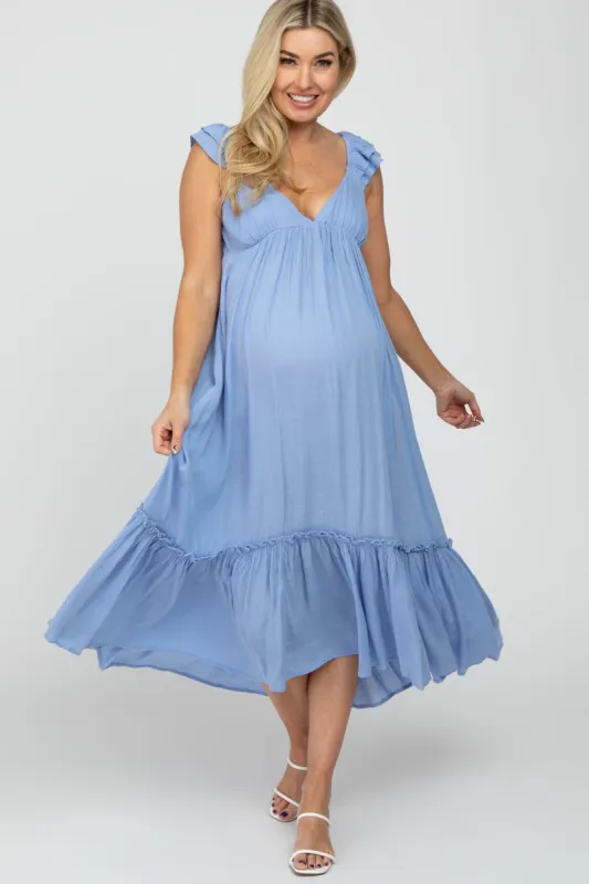 Light Blue Ruffle Accent Maternity Maxi Dress sold by Pinkblush